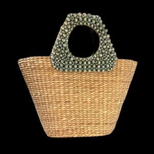 Aranza Straw Bucket Bag Natural Woven With Beaded Handles Tote NEW